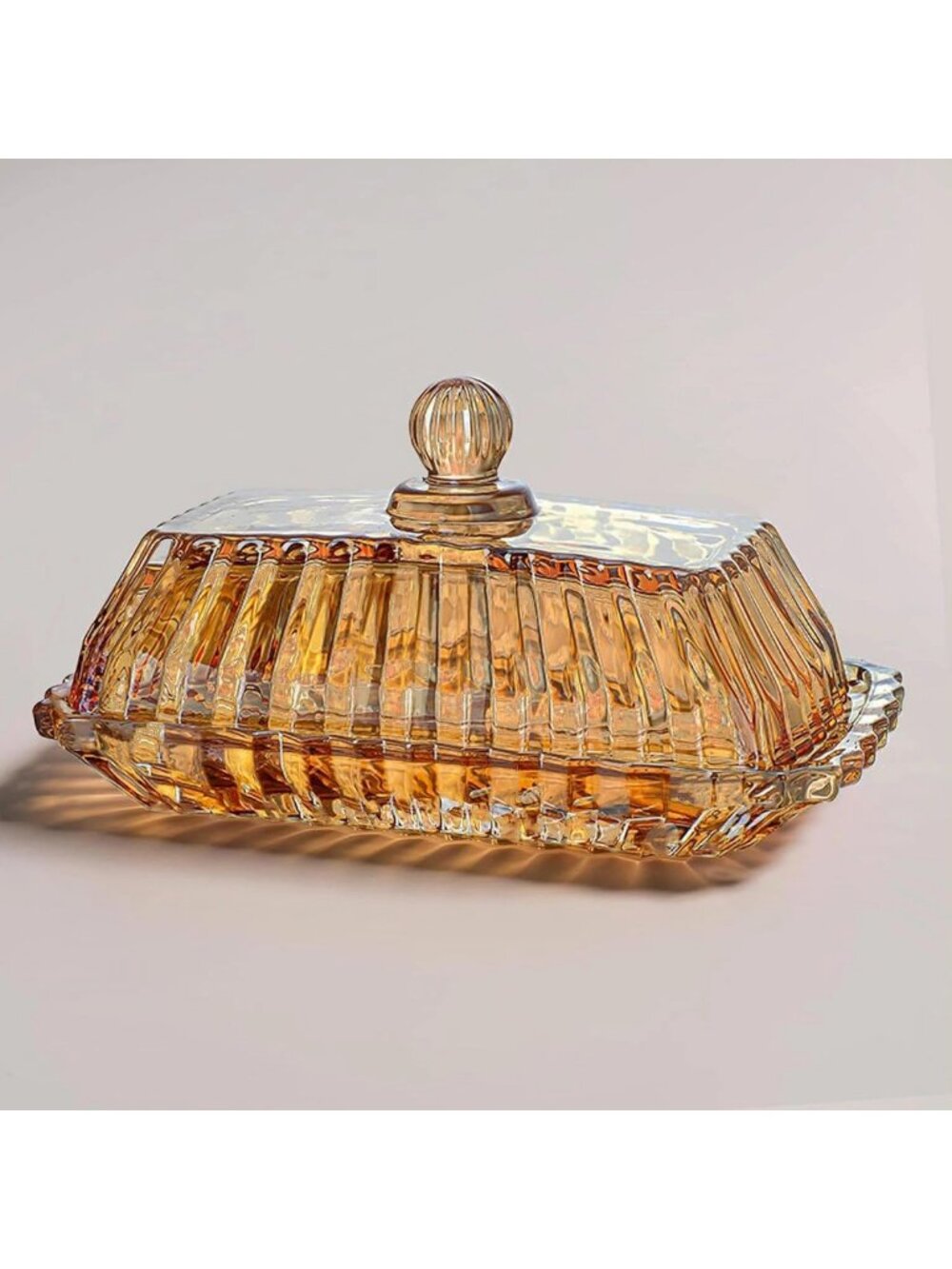 Amber Glass Butter Dish with Lid | Vintage Crystal Covered Butter Keeper for